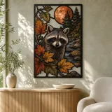 Raccoon in Autumn Forest under Copper Moon Colorful Metal Wall Art