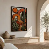 Mid Century Desert Cactus with Abstract Sun Colorful Metal Wall Art