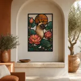 Siamese Cat with Lotus Flowers and Copper Sun Colorful Metal Wall Art