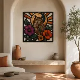 Great Horned Owl with Hibiscus and Radiant Moon Colorful Metal Wall Art