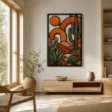 Mid Century Desert Cactus with Abstract Sun Colorful Metal Wall Art