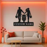 Personalized Helmet Holding Motorcycle Couple Metal Wall Art