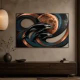 Orca Mother and Calf with Abstract Copper Moon Colorful Metal Wall Art
