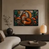 Red Fox with Mushrooms and Crescent Moon Colorful Metal Wall Art