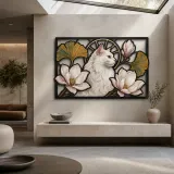 White Longhair Cat with Magnolia Flowers Colorful Metal Wall Art