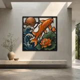 Orange Koi Leaping through Waves and Lotus Colorful Metal Wall Art