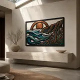 Mid Century Ocean Waves beneath Abstract Sun Colorful Metal Wall Art
