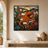 Orange Octopus with Coral beneath Copper Moon Colorful Metal Wall Art