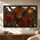 Hochlandrind mit roten Mohnblumen und Eichenblättern - Buntes Metallschild