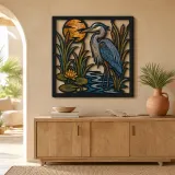 Great Blue Heron in Cattails at Full Moon Colorful Metal Wall Art
