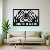 Personalized Firefighter Helmet Metal Wall Art with Flames