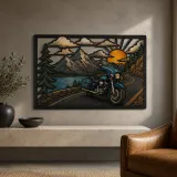 Touring Motorcycle beside Mountain Lake at Sunrise Colorful Metal Wall Art