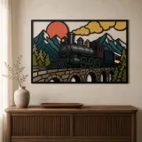Vintage Dampflok über Bergbrücke Farbige Metall-Wandkunst
