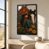 Cowgirl with Pinto Horse Cactus and Marigolds Colorful Metal Wall Art