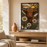 Highland Cow with White Daisies and Sunrise Colorful Metal Wall Art