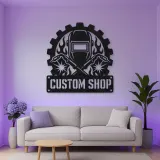 Personalized Welder Helmet Metal Wall Art with Crossed Torches