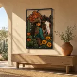 Cowgirl with Pinto Horse Cactus and Marigolds Colorful Metal Wall Art