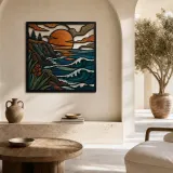 Mid Century Coastal Cliffs with Ocean Sunset Colorful Metal Wall Art