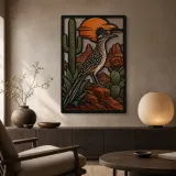 Roadrunner with Cactus in Desert Sunset Colorful Metal Wall Art