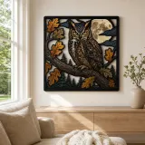 Great Horned Owl with Oak Leaves and Moon Colorful Metal Wall Art