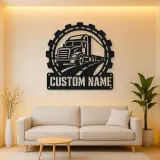 Personalized Semi Truck Metal Wall Art with Gear Frame