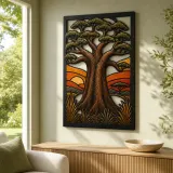 African Baobab Tree of Life at Sunrise Colorful Metal Wall Art
