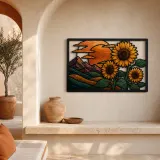 Sunflowers with Mountain Landscape at Sunset Colorful Metal Wall Art