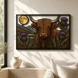 Highland Cow with Scottish Thistles and Full Moon Colorful Metal Wall Art