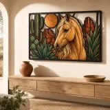 Palomino Horse with Cactus and Desert Moon Colorful Metal Wall Art