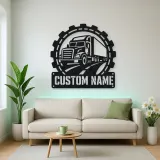 Personalized Semi Truck Metal Wall Art with Gear Frame
