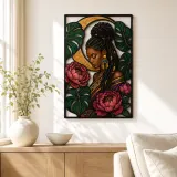 Braided Afro Woman with Peonies and Monstera Leaves Colorful Metal Wall Art