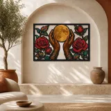Hands Holding Full Moon between Red Roses Colorful Metal Wall Art
