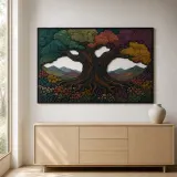 Colorful Ancient Tree of Life in Mountain Meadow Metal Wall Art