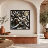 Chickadee Pair on Snowy Pine beneath Full Moon Colorful Metal Wall Art