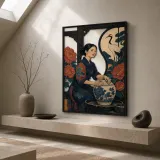 Japanese Potter with Crane Flowers and Moon Colorful Metal Wall Art