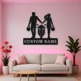 Personalized Helmet Holding Motorcycle Couple Metal Wall Art