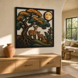 Tree of Life with Deer Family and Full Moon Colorful Metal Wall Art