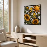 Goldfinch Pair with Sunflowers and Golden Sun Colorful Metal Wall Art
