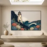 Coastal Lighthouse with Hydrangeas and Ocean Waves Colorful Metal Wall Art