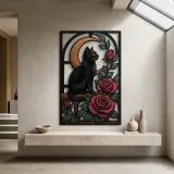 Black Cat with Red Roses and Crescent Moon Colorful Metal Wall Art