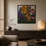 Rabbit with Coneflowers beneath Full Moon Colorful Metal Wall Art