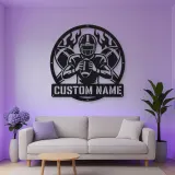 Personalized Football Player Crossed Balls Flame Metal Wall Art