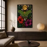 Luna Moth with Hibiscus and Full Moon Colorful Metal Wall Art