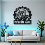 Personalized Semi Truck Metal Wall Art with Gear Frame