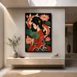 Japanese Woman with Koi Fish and Lotus Flowers Colorful Metal Wall Art