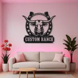 Personalized Longhorn Ranch Metal Wall Art with Horseshoe Frame