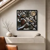 Chickadee Pair on Snowy Pine beneath Full Moon Colorful Metal Wall Art
