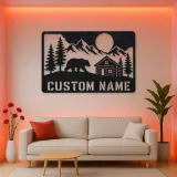 Personalized Bear and Log Cabin Metal Wall Art