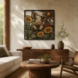 Glückliches Schwein mit Gänseblümchen und Bauernhofscheune - Buntes Metallschild