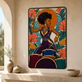 Black Woman Drummer with Tropical Flowers and Sun Colorful Metal Wall Art